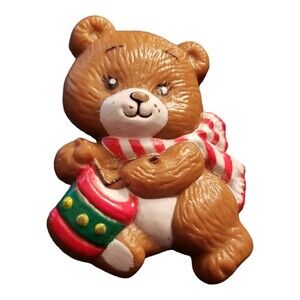Vintage Plastic Russ Teddy Bear with Drum Christmas Holiday Winter Pin